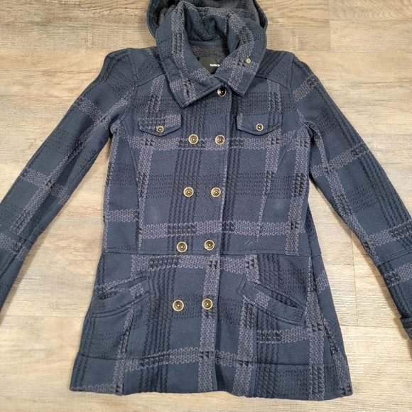 Hurley Blue Gray Plaid Double Breasted Detachable Hood Jacket Womens Size Small - Picture 5 of 11